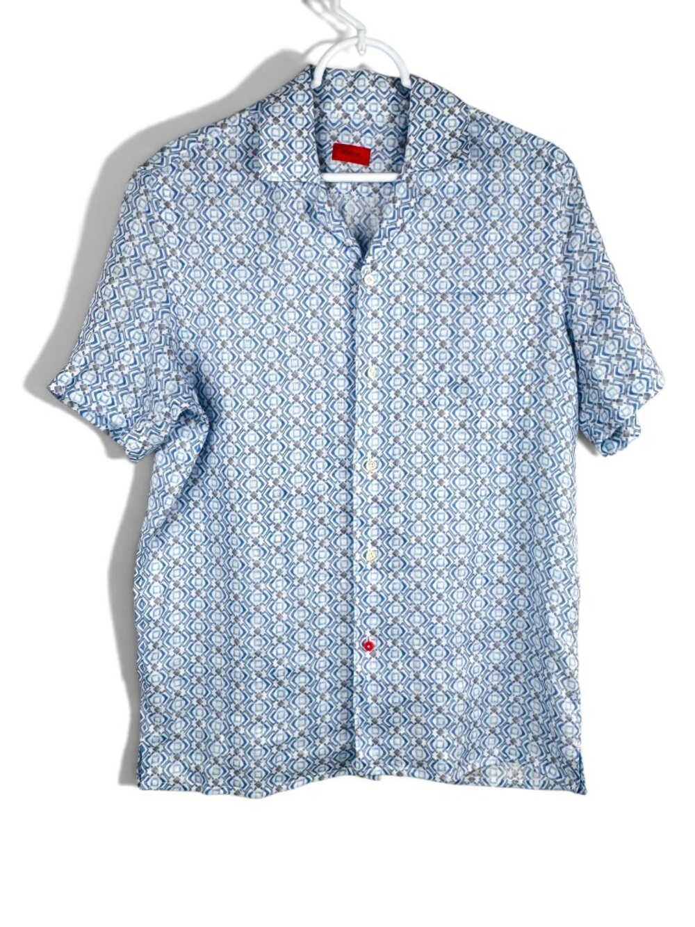 ISAIA Napoli 100% Linen Italy Blue Gray Geometric Print Camp Shirt Size 15/38